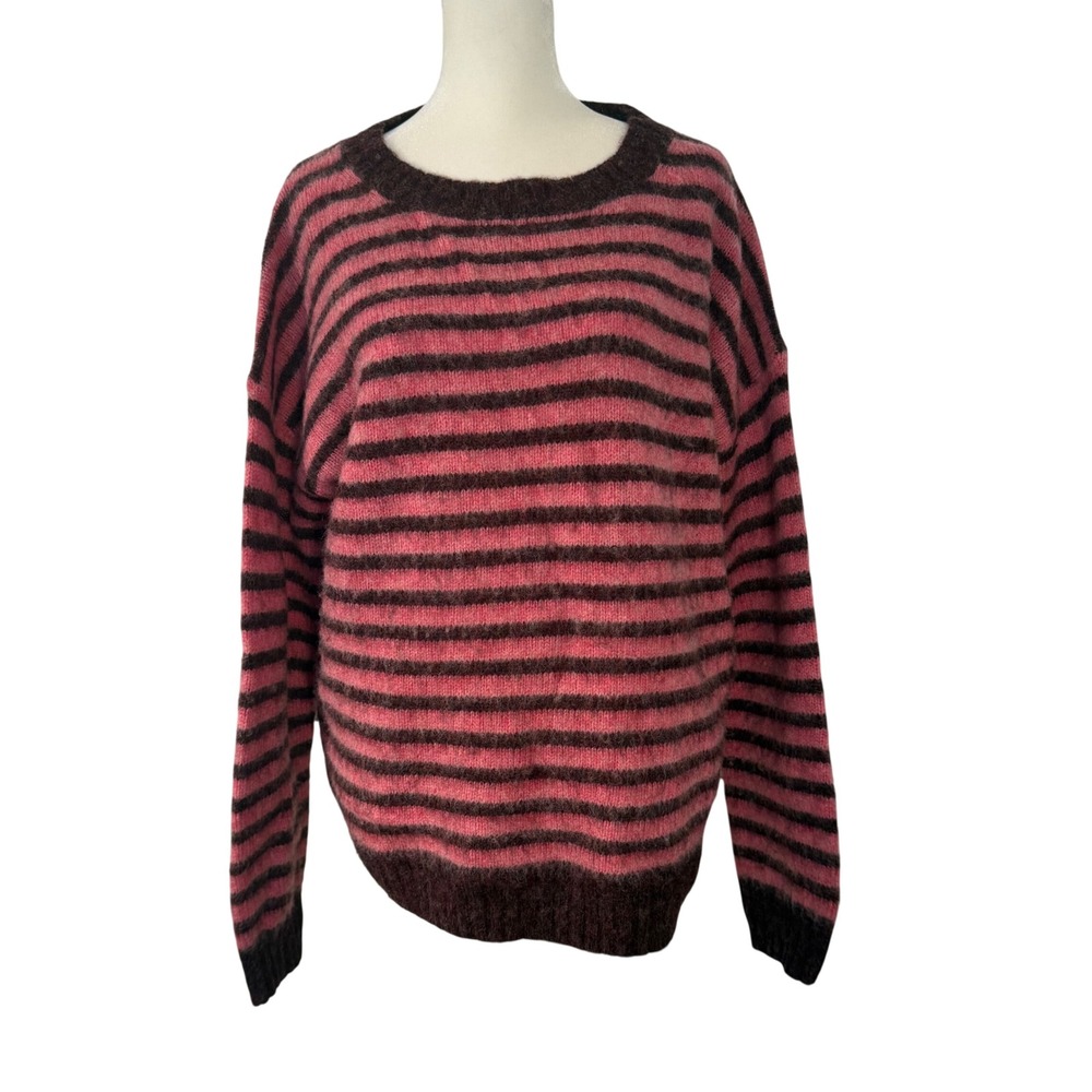 J.Crew‎ Womens Pink Brown Striped 100% Wool Sweater Elbow Patches Medium
